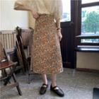 Elbow-sleeve Lace Trim Blouse / Floral Print Midi A-line Skirt