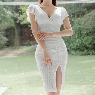 Short-sleeve Ruffled Bodycon Lace Dress