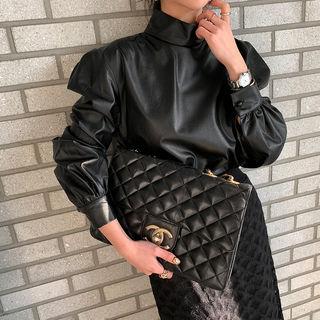 Mockneck Bishop-sleeve Pleather Blouse Black - One Size