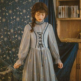 Glitter Star Embroidered Long-sleeve Midi A-line Dress