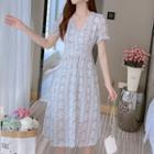 Short-sleeve Lace Trim Flower Print Midi A-line Dress