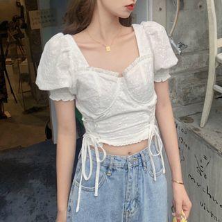 Ruffled Puff-sleeve Cropped Blouse White - One Size