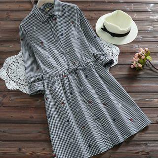 Elbow-sleeve Check Shirt Dress