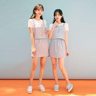 Set: Plaid Button-front Camisole Top + Mini Skirt