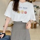 Print Short-sleeve T-shirt + Plaid Miniskirt