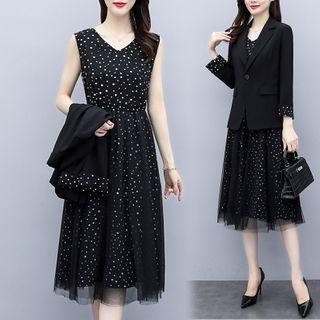 Set: Sleeveless Dotted Mesh Midi A-line Dress + One-button Blazer
