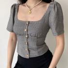 Puff Short-sleeve Square-neck Cropped Plaid Top