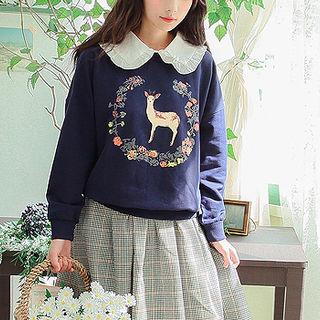 Deer Print Collared Sweatshirt Navy Blue - One Size