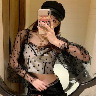 Mesh Panel Long-sleeve Crop Top Almond - One Size