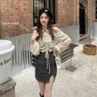 Spaghetti Strap Cross Strap Mini Sheath Dress / Off-shoulder Drawstring Blouse