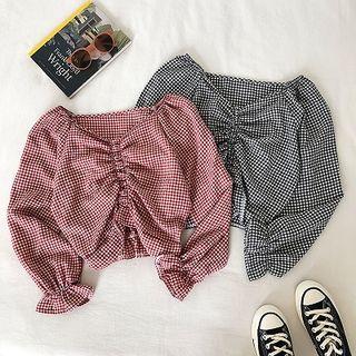 Color-block Plaid Frilled V-neck Flare-sleeve Blouse