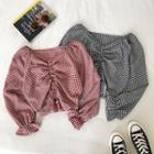 Color-block Plaid Frilled V-neck Flare-sleeve Blouse