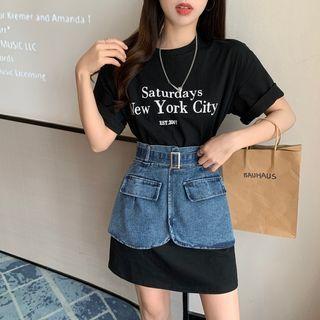 Short-sleeve Lettering T-shirt Dress / Denim Mini Skirt