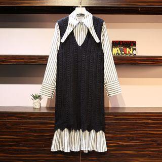 Set: Striped Long-sleeve Collared Dress + V-neck Sleeveless Knit Dress