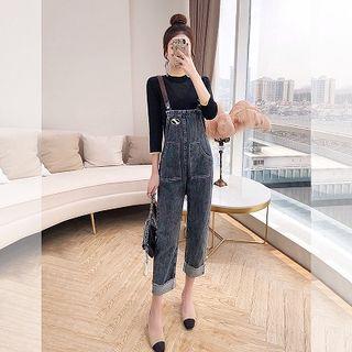 Set: Denim Jumper Pants + Contrast Trim 3/4-sleeve Knit Top