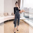 Set: Denim Jumper Pants + Contrast Trim 3/4-sleeve Knit Top