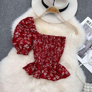 Single Shoulder Floral Smocked Blouse