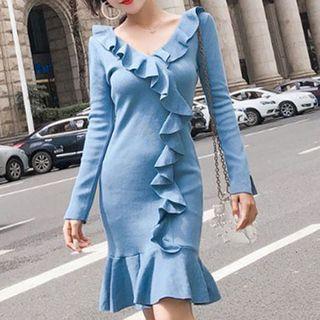 Ruffle Trim Long-sleeve Knit Sheath Dress