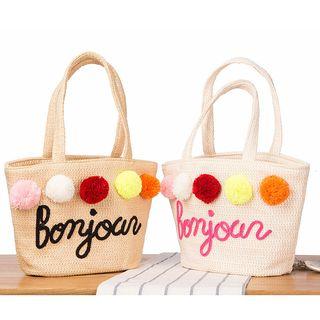 Embroidered Pompom-accent Tote