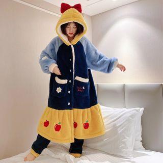 Set: Color Block Fleece Buttoned Hooded Robe + Pants