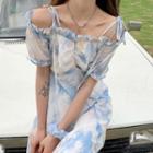 Elbow-sleeve Cold-shoulder Tie-dyed A-line Dress