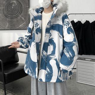 Faux Fur Collared Print Padded Coat