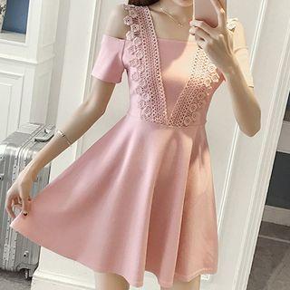 Crochet Panel Cold-shoulder Mini A-line Dress