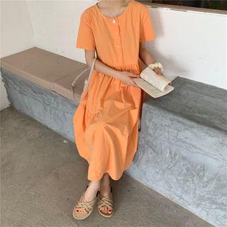 Short-sleeve Half Button Midi A-line Dress Tangerine - One Size