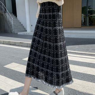 Fray Hem Midi A-line Tweed Skirt
