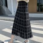 Fray Hem Midi A-line Tweed Skirt