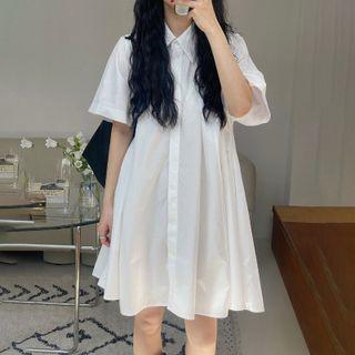 3/4 Sleeve Plain A-line Shirtdress