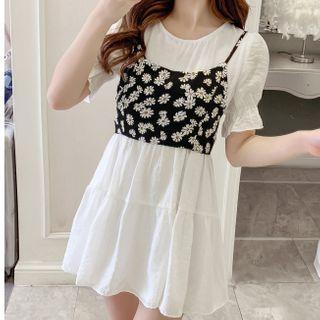 Set: Bell-sleeve Mini A-line Dress + Floral Print Cropped Camisole Top
