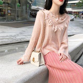 Plain V-neck Loose-fit Sweater / Pleated Skirt