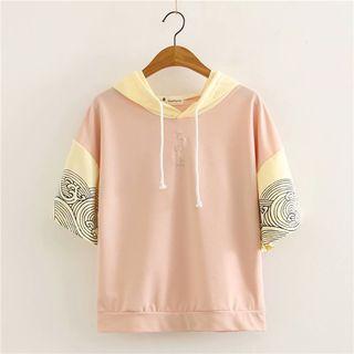 Ocean Print Color Block Elbow-sleeve Hoodie