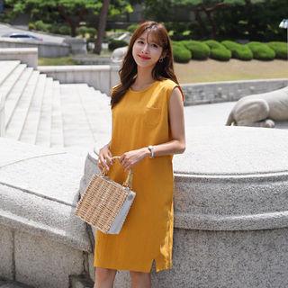Cap-sleeve Pocket-detail Linen Blend Dress
