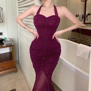 Halter Shirred Midi Mermaid Dress