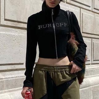 Rhinestone Lettering Cropped Zip Jacket