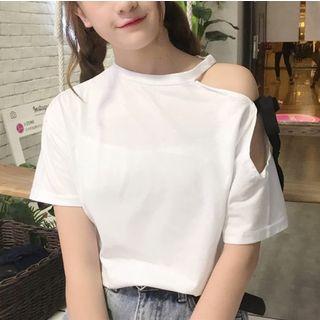 Short-sleeve Cutout Shoulder Plain T-shirt