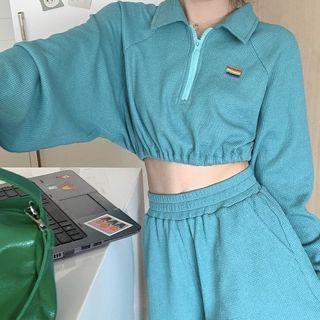 Long-sleeve Applique Half-zip Cropped Sweatshirt