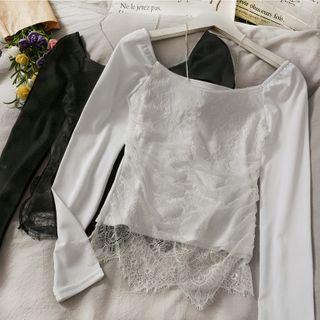 Off-shoulder Lace-panel Ruched T-shirt