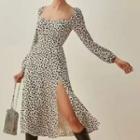 Square-neck Leopard Print Slit Midi A-line Dress