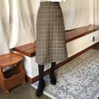 Band-waist Plaid Midi Skirt Brown - One Size