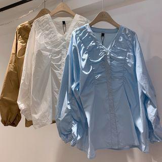 Long-sleeve Ruched V-neck Blouse