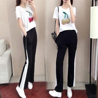 Short-sleeve Cherry Embroidered T-shirt / Sweatpants / Set