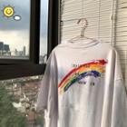 Elbow-sleeve Rainbow Printed T-shirt