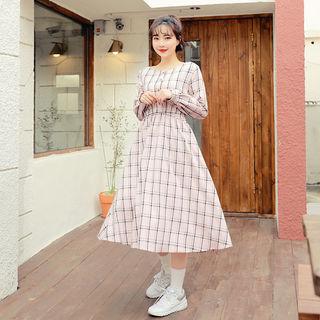 Half-placket Checked Long Dress