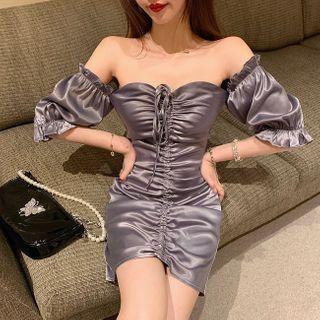 Puff-sleeve Drawcord Mini Bodycon Dress