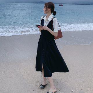 Short-sleeve Mock Two-piece Two-tone Midi Shirt Dress