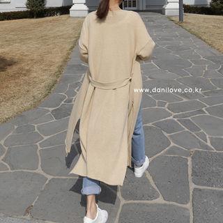 Open-front Slit-side Long Cardigan With Sash