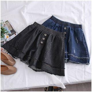 Distressed Button Wide-leg Denim Shorts